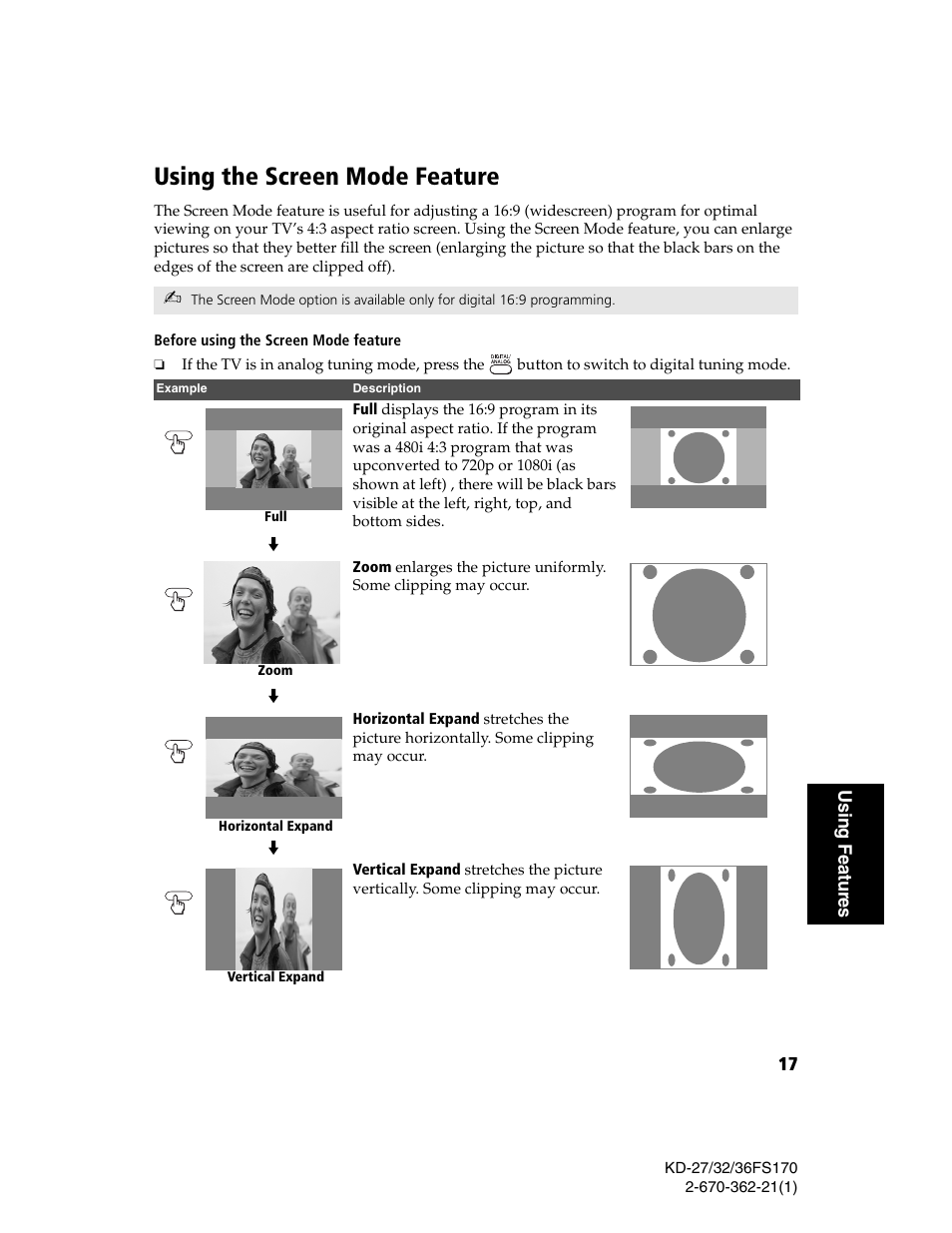Using the screen mode feature, 17 using featur es | Sony KD-27FS170 User Manual | Page 23 / 48