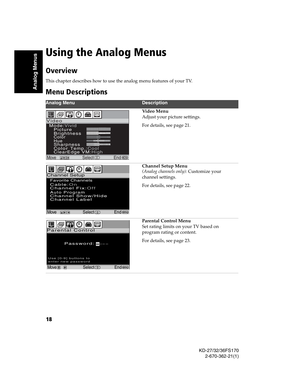 Using the analog menus, Overview, Menu descriptions | Overview menu descriptions | Sony KD-27FS170 User Manual | Page 24 / 48