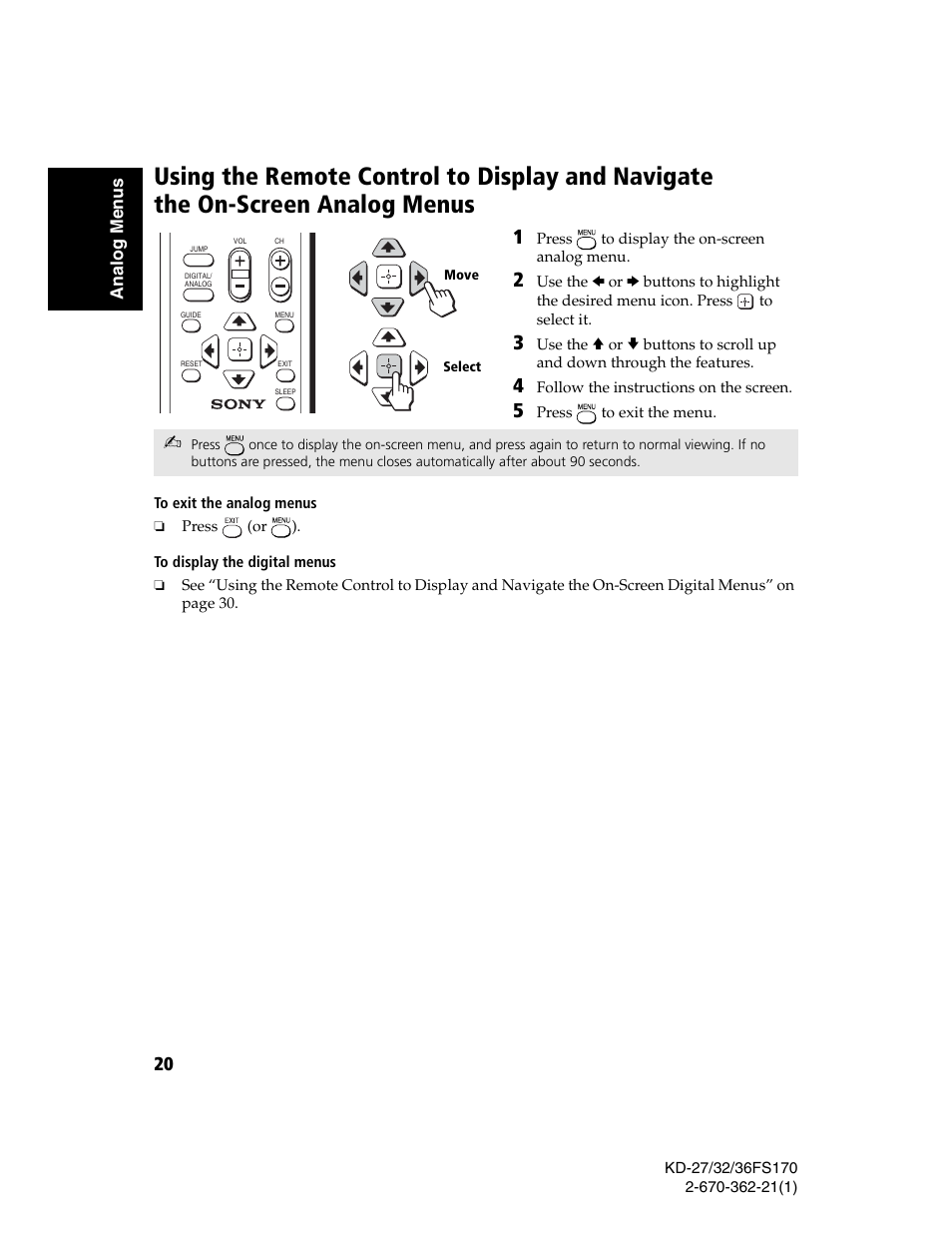 Using the remote control to display and, Navigate the on-screen analog menus | Sony KD-27FS170 User Manual | Page 26 / 48