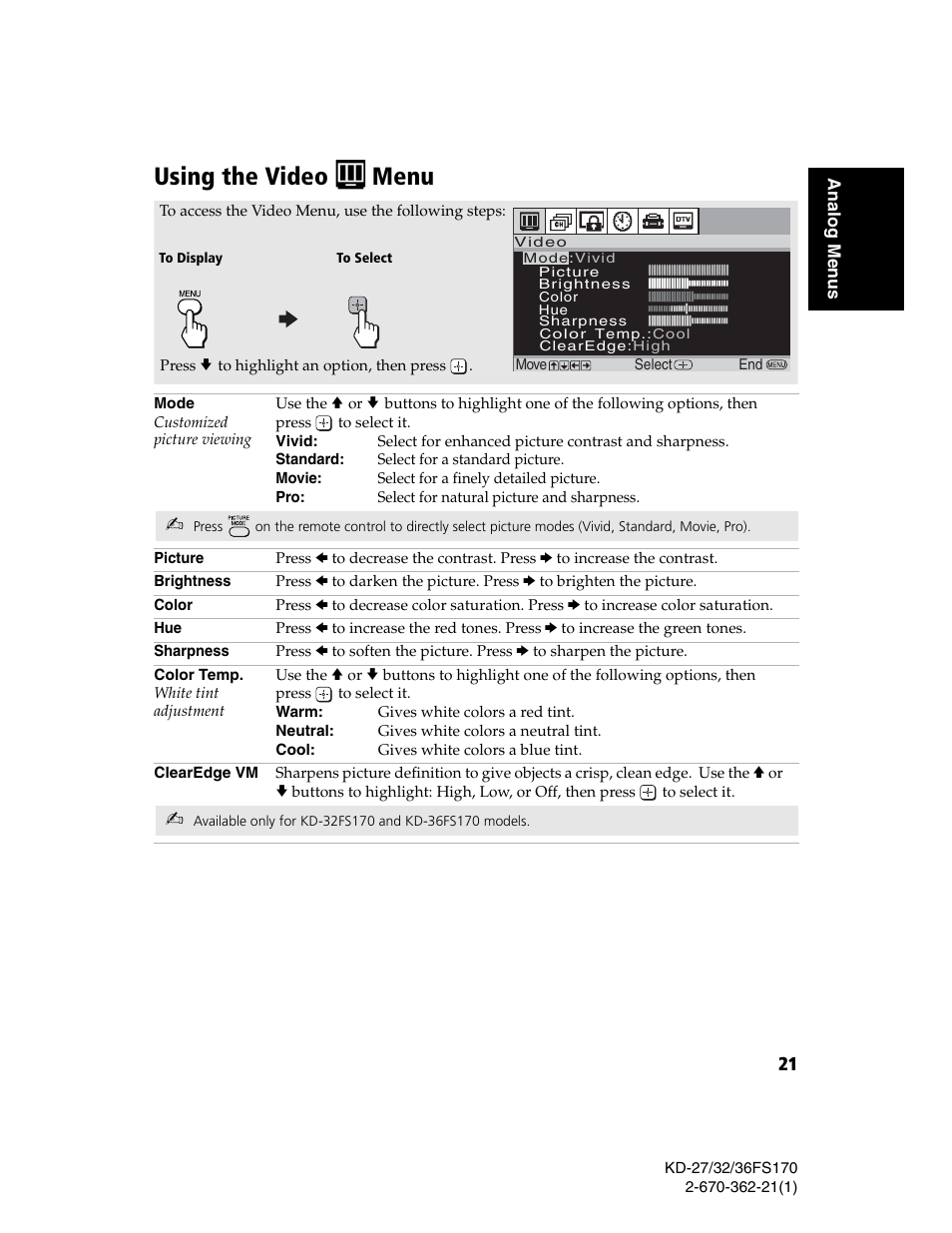 Using the video menu | Sony KD-27FS170 User Manual | Page 27 / 48