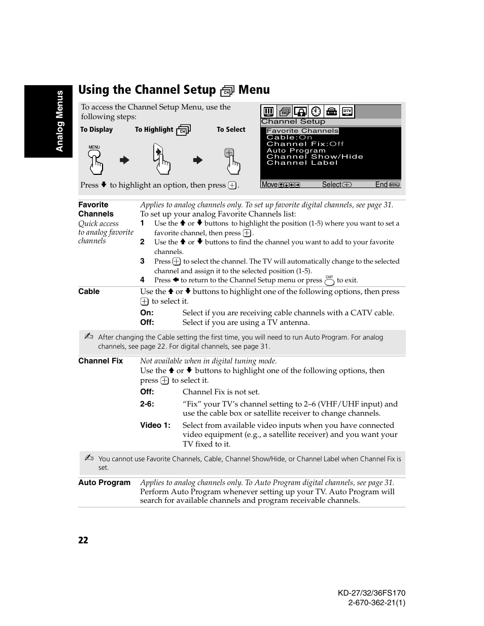 Using the channel setup menu | Sony KD-27FS170 User Manual | Page 28 / 48