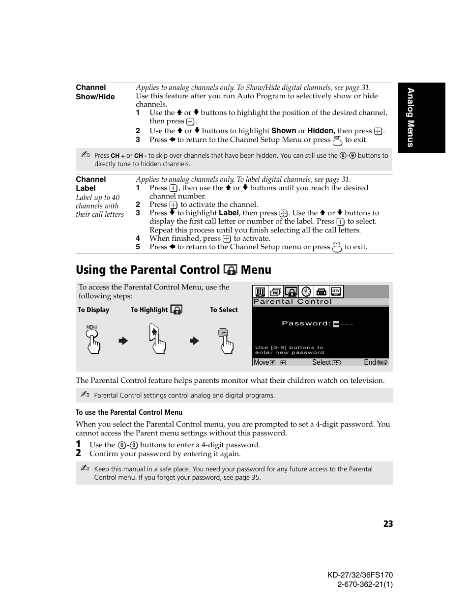 Using the parental control menu | Sony KD-27FS170 User Manual | Page 29 / 48
