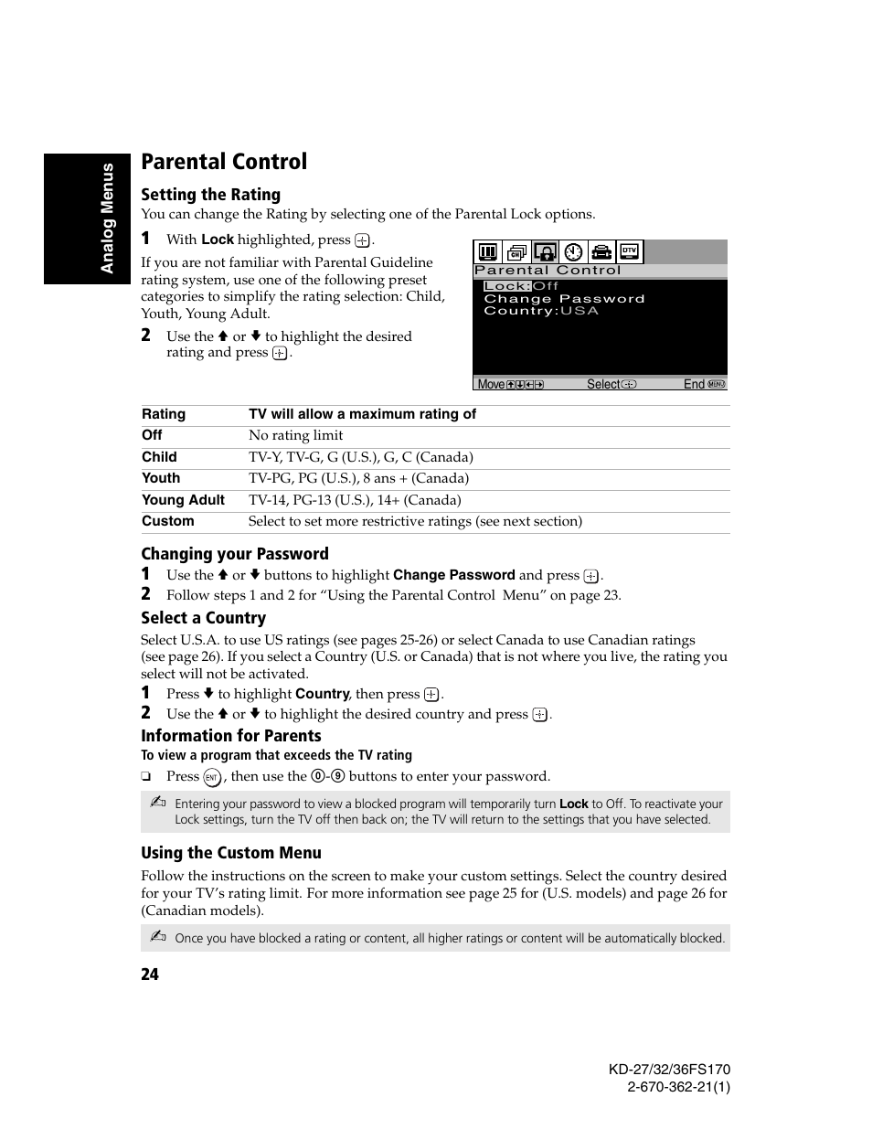 Changing your password, Select a country, Information for parents | Using the custom menu, Parental control | Sony KD-27FS170 User Manual | Page 30 / 48