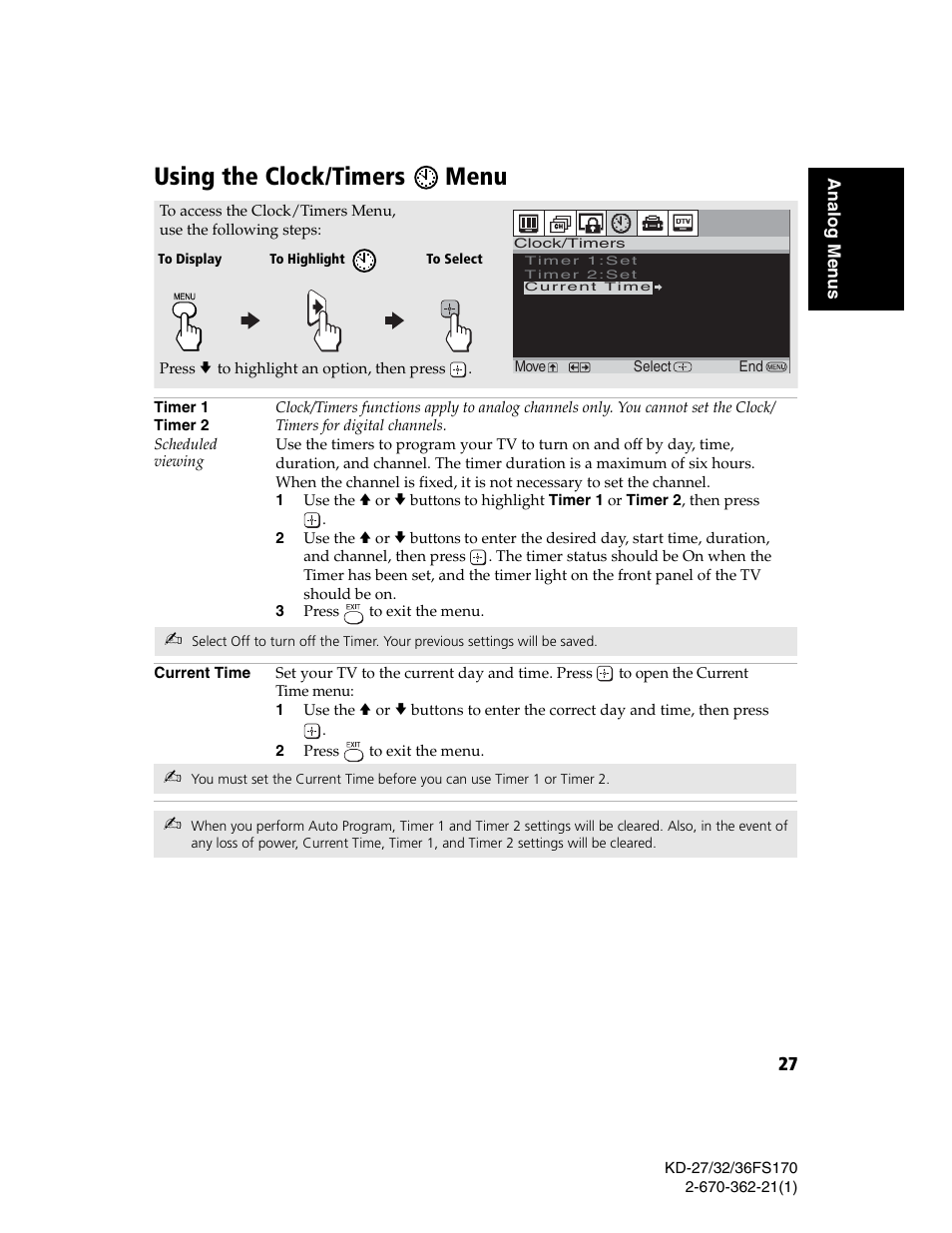 Using the clock/timers menu | Sony KD-27FS170 User Manual | Page 33 / 48