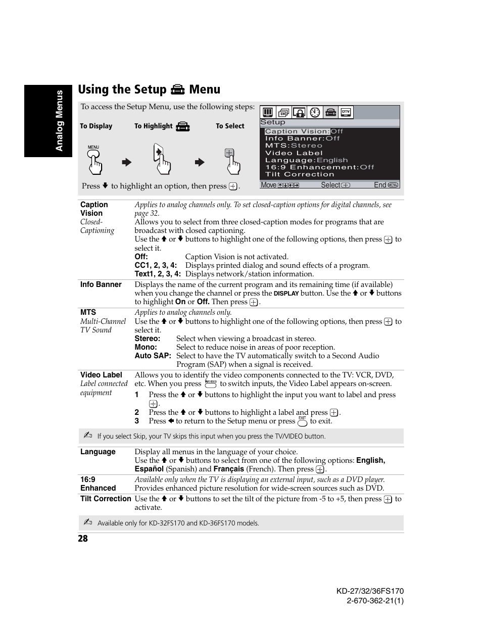 Using the setup menu | Sony KD-27FS170 User Manual | Page 34 / 48