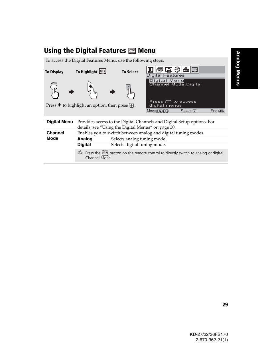 Using the digital features menu | Sony KD-27FS170 User Manual | Page 35 / 48