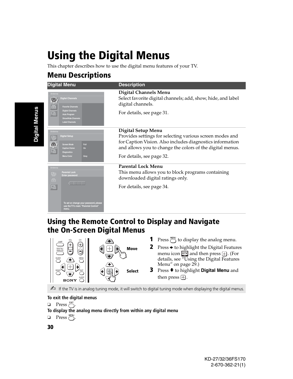 Using the digital menus, Menu descriptions, Navigate the on-screen digital menus | Di gi tal m e nus | Sony KD-27FS170 User Manual | Page 36 / 48