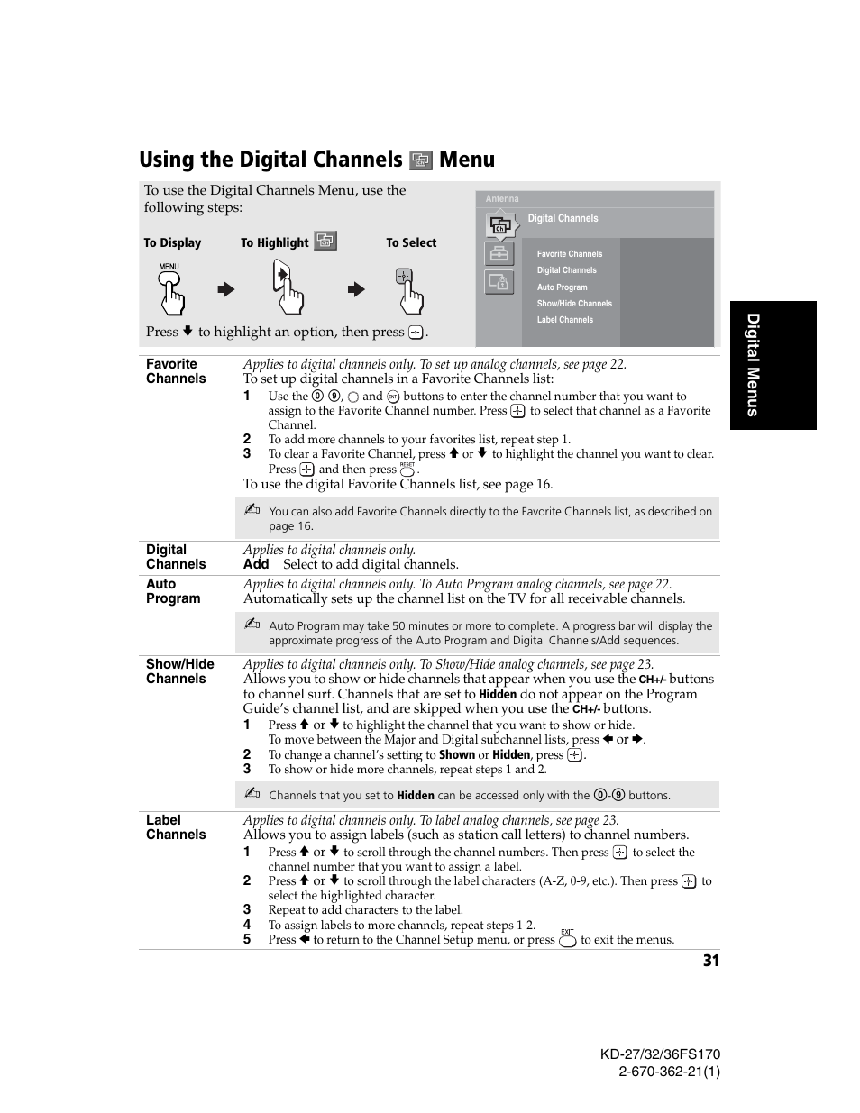 Using the digital channels menu | Sony KD-27FS170 User Manual | Page 37 / 48