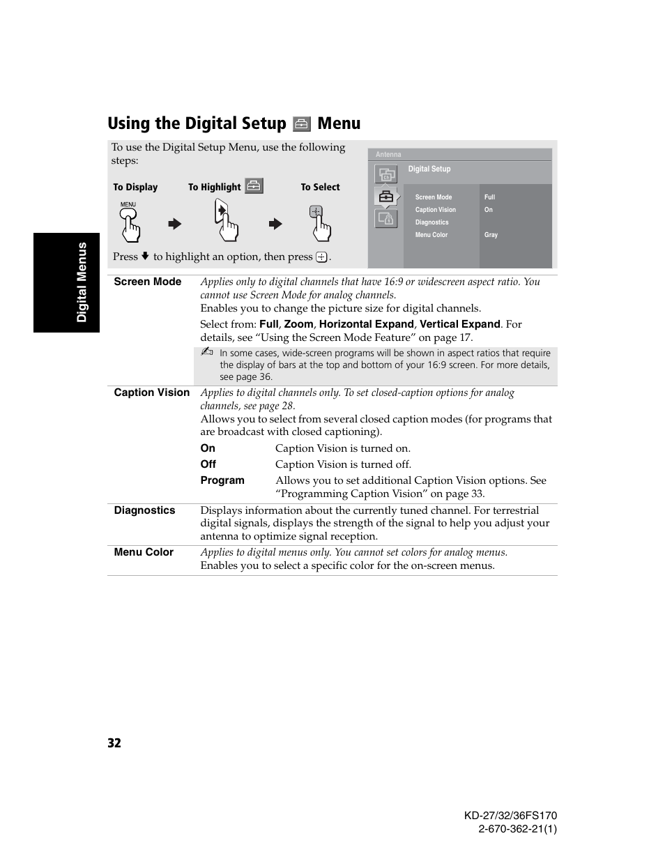 Using the digital setup menu | Sony KD-27FS170 User Manual | Page 38 / 48