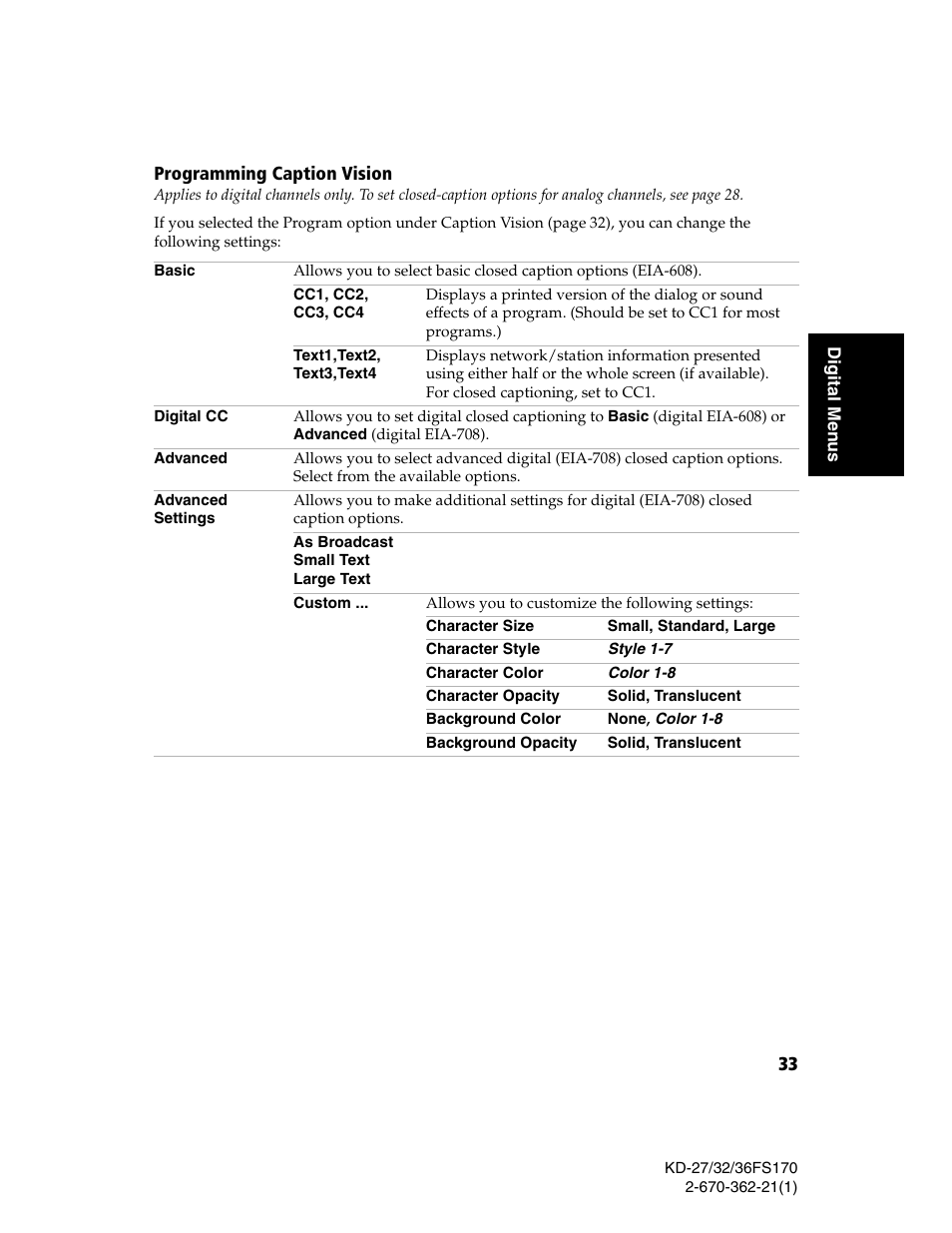 Programming caption vision | Sony KD-27FS170 User Manual | Page 39 / 48
