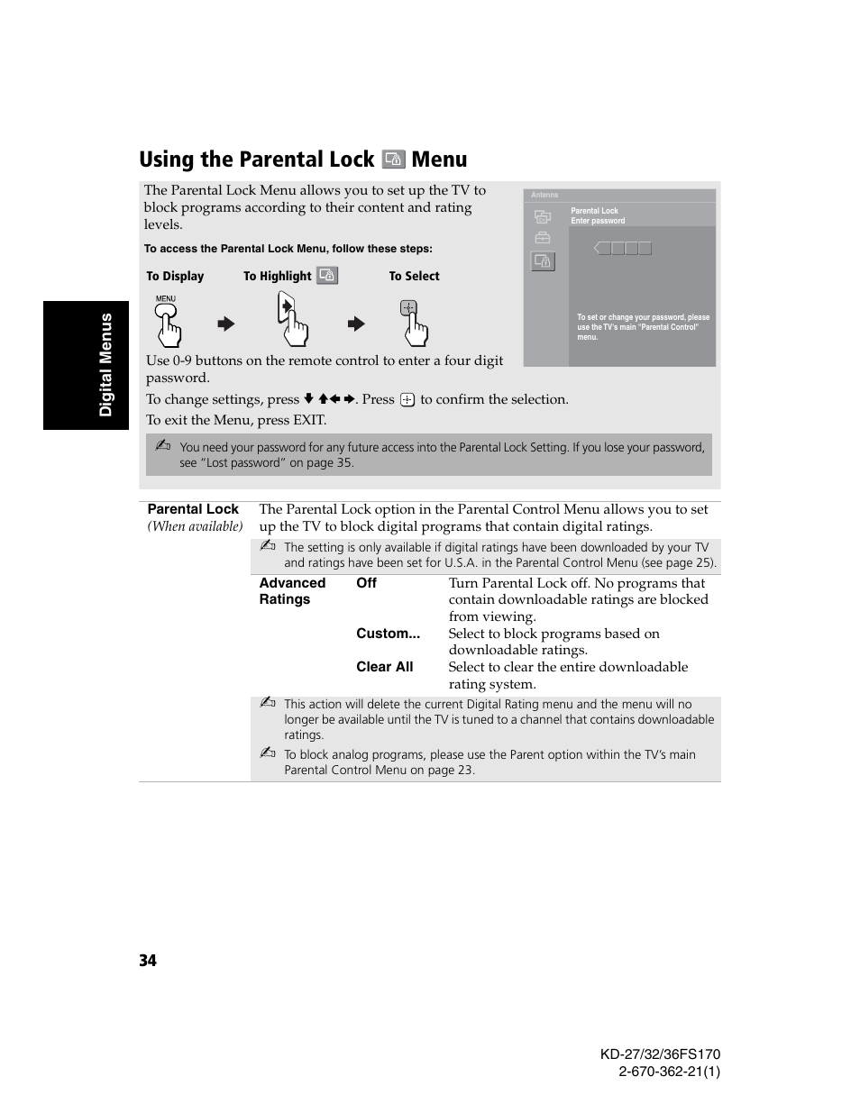 Using the parental lock menu | Sony KD-27FS170 User Manual | Page 40 / 48