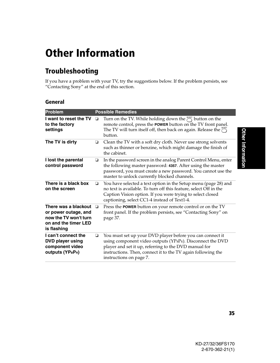 Other information, Troubleshooting | Sony KD-27FS170 User Manual | Page 41 / 48