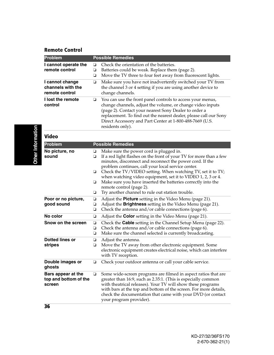 Sony KD-27FS170 User Manual | Page 42 / 48