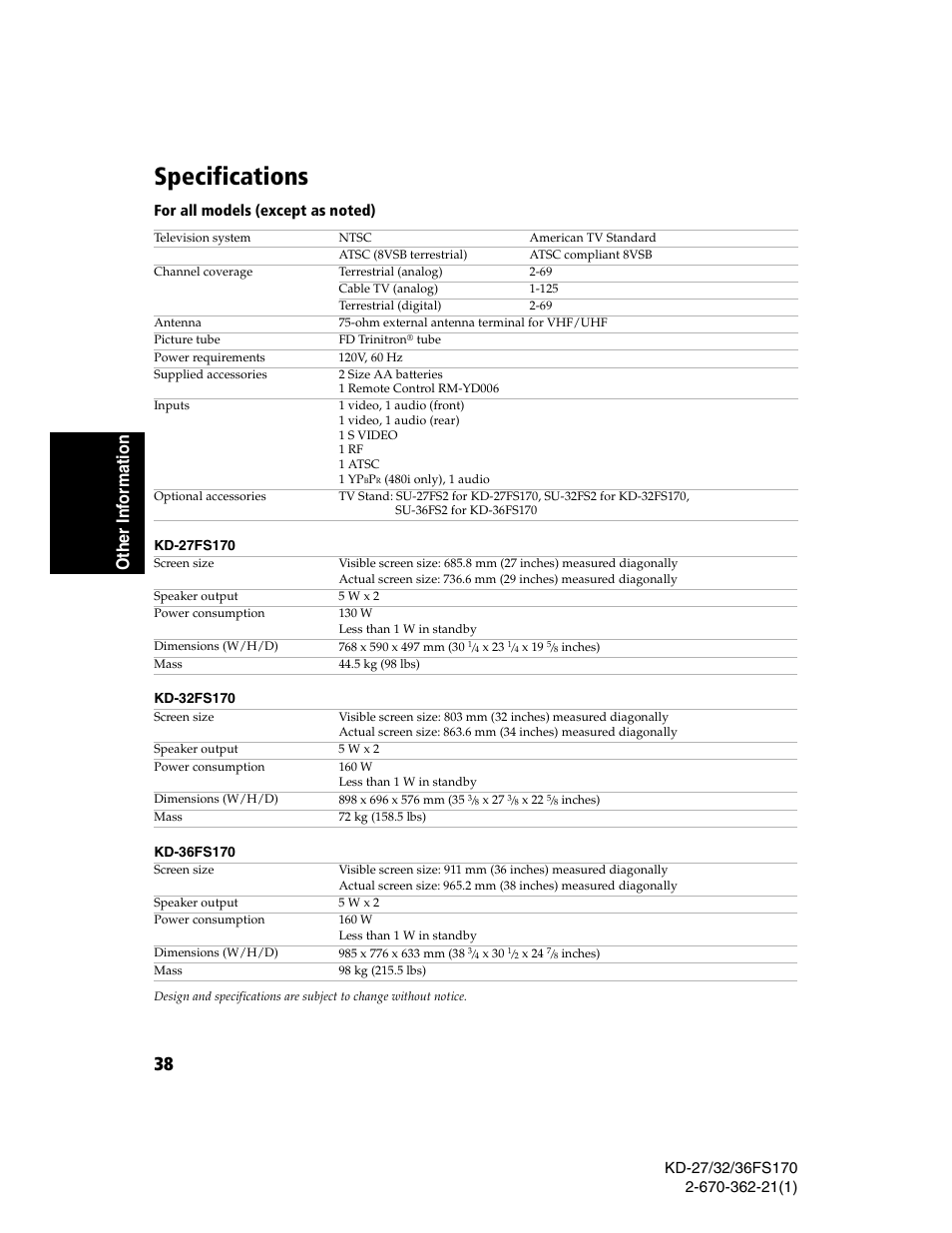 Specifications, Oth e r in fo rm at ion | Sony KD-27FS170 User Manual | Page 44 / 48