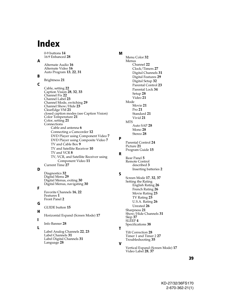 Index | Sony KD-27FS170 User Manual | Page 45 / 48