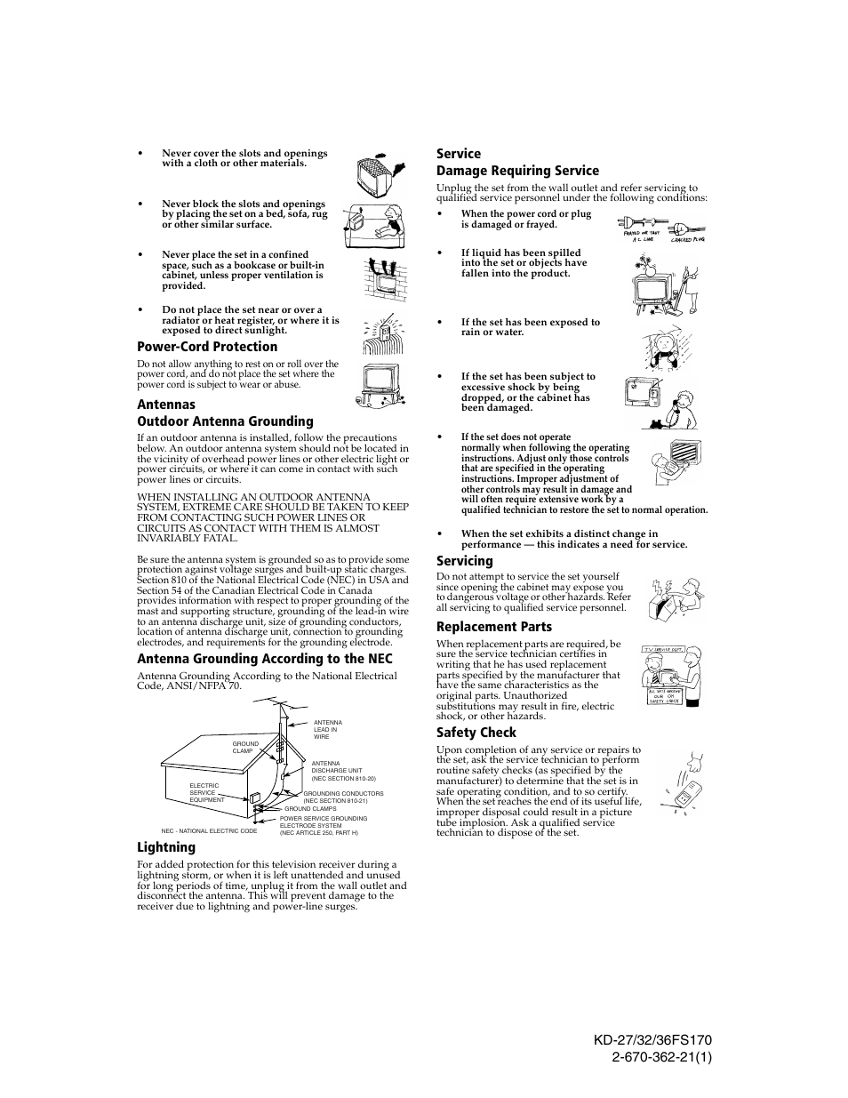 Antennas, Service, Power-cord protection | Antennas outdoor antenna grounding, Antenna grounding according to the nec, Lightning, Service damage requiring service, Servicing, Replacement parts, Safety check | Sony KD-27FS170 User Manual | Page 5 / 48