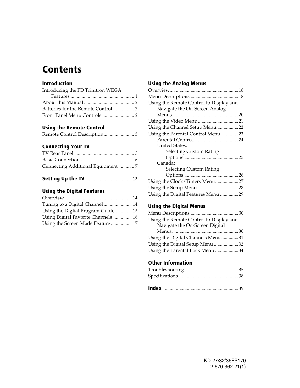 Co ntents | Sony KD-27FS170 User Manual | Page 6 / 48
