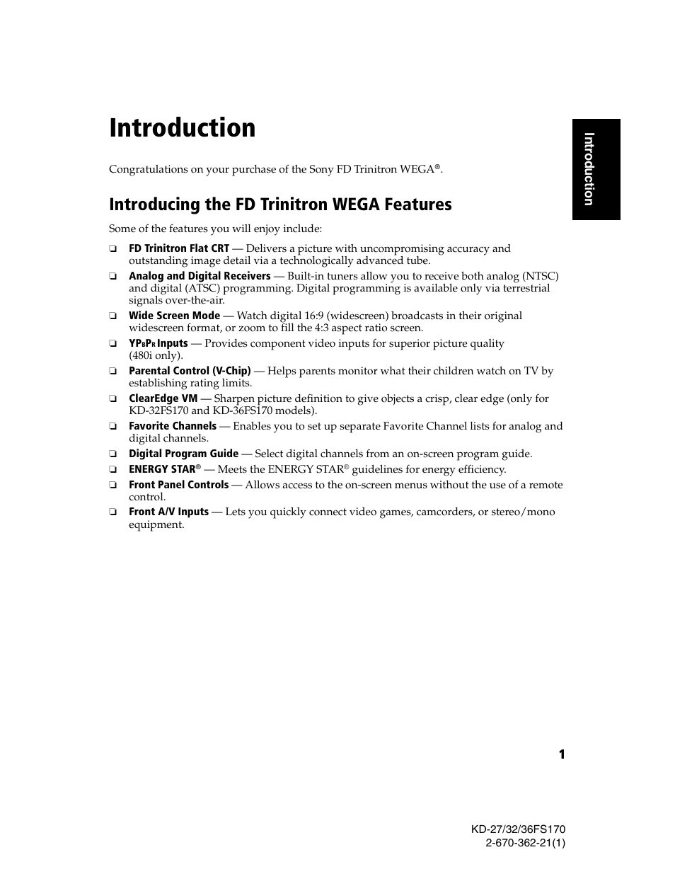 Introduction, Introducing the fd trinitron wega features, Introducing the fd trinitron wega | Features | Sony KD-27FS170 User Manual | Page 7 / 48