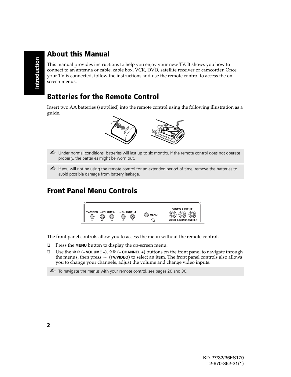 About this manual, Batteries for the remote control, Front panel menu controls | 2int roducti on | Sony KD-27FS170 User Manual | Page 8 / 48