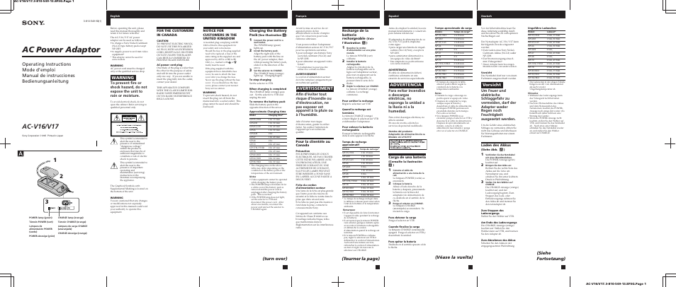 Sony AC-V16 User Manual | 2 pages