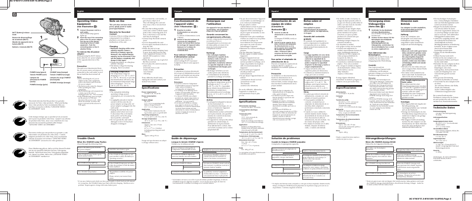 Operating video equipment, Specifications, Fonctionnement de l’appareil vidéo | Remarques sur l’utilisation, Spécifications, Alimentación de un equipo de vídeo, Notas sobre el empleo, Especificaciones, Versorgung eines videogerätes, Technische daten | Sony AC-V16 User Manual | Page 2 / 2