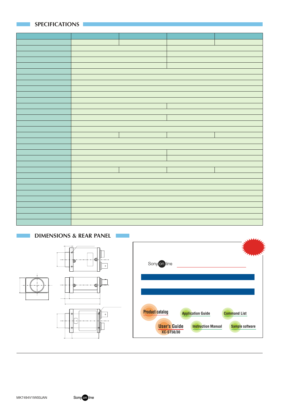 Dimensions & rear panel specifications, Click, Product information document & software | Product catalog, User’s guide | Sony XC-ST30 User Manual | Page 4 / 4