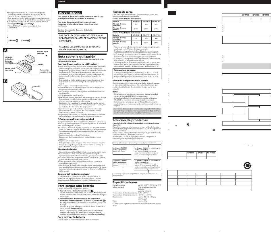 Advertencia, Nota sobre la utilización, Para cargar una batería | Solución de problemas, Especificaciones | Sony BC TRP User Manual | Page 2 / 2