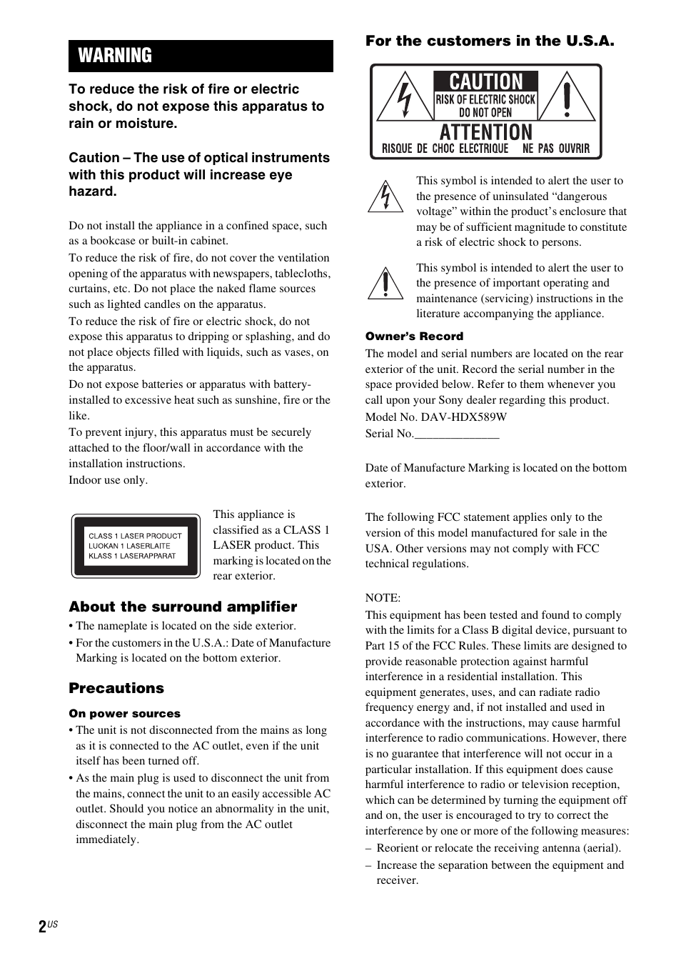 Warning | Sony DAV-HDX686W User Manual | Page 2 / 116