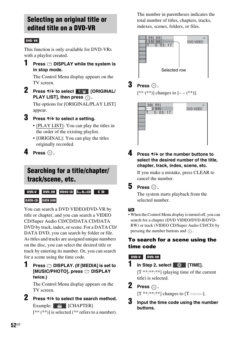 Searching for a title/chapter/ track/scene, etc | Sony DAV-HDX686W User Manual | Page 52 / 116