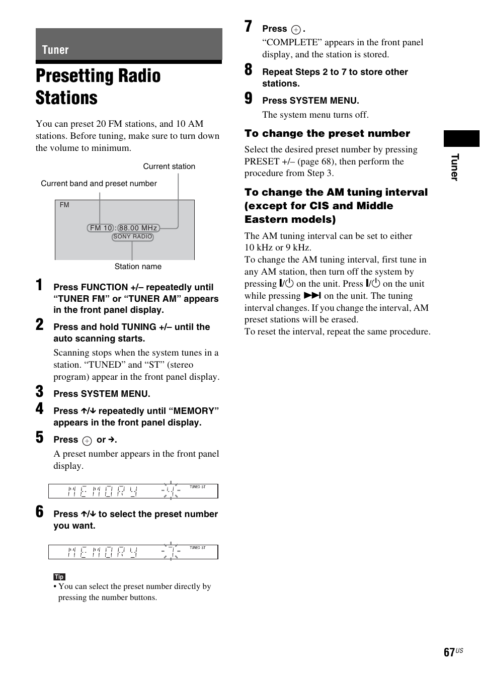 Tuner, Presetting radio stations | Sony DAV-HDX686W User Manual | Page 67 / 116