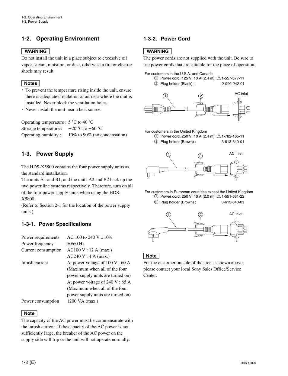 2. operating environment, 3. power supply, 3-1. power specifications | 3-2. power cord | Sony HDS-X5800 User Manual | Page 10 / 68