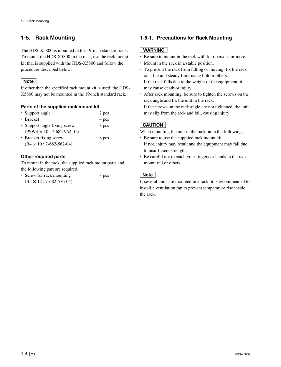 5. rack mounting, 5-1. precautions for rack mounting | Sony HDS-X5800 User Manual | Page 12 / 68