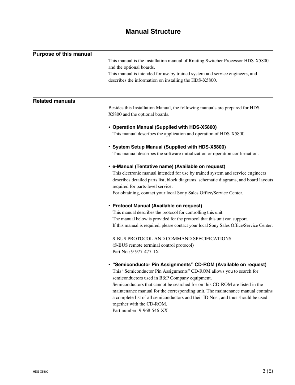 Manual structure, Purpose of this manual, Related manuals | Sony HDS-X5800 User Manual | Page 7 / 68