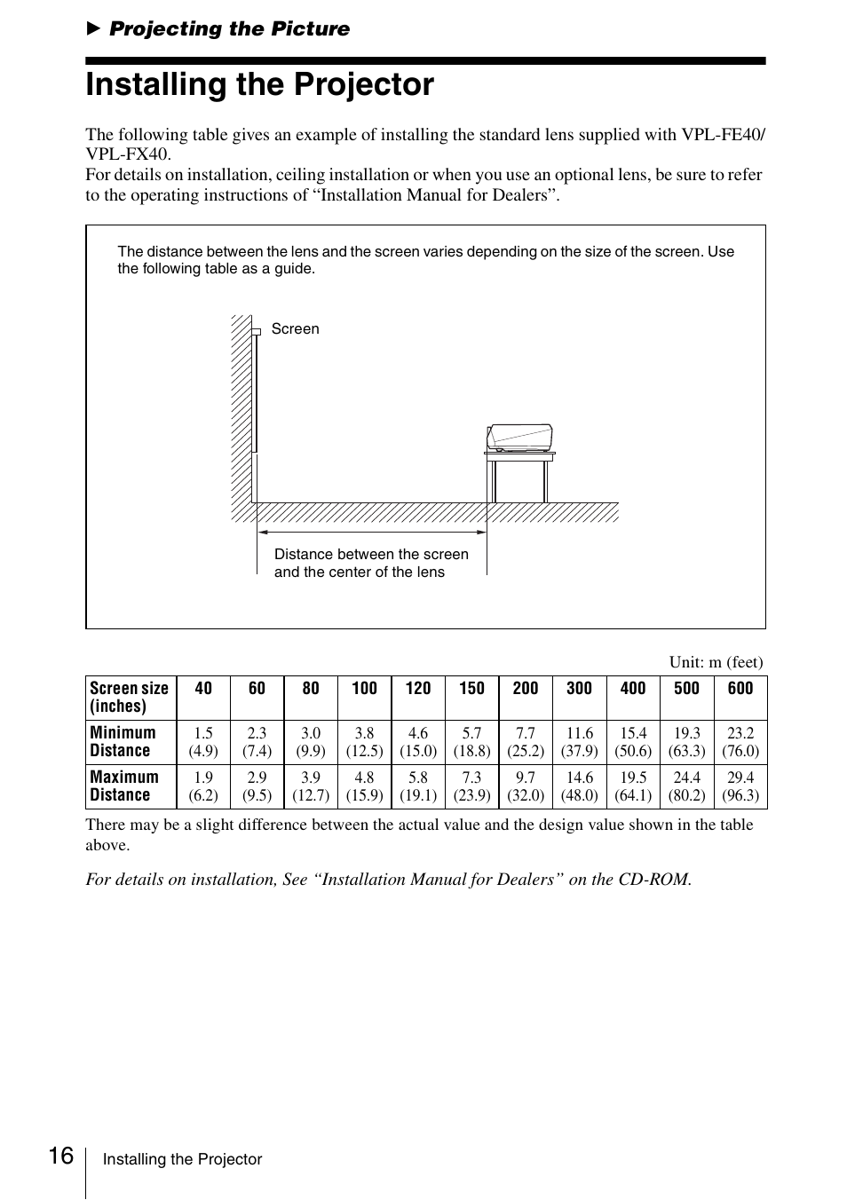 Projecting the picture, Installing the projector | Sony FE40L User Manual | Page 16 / 57