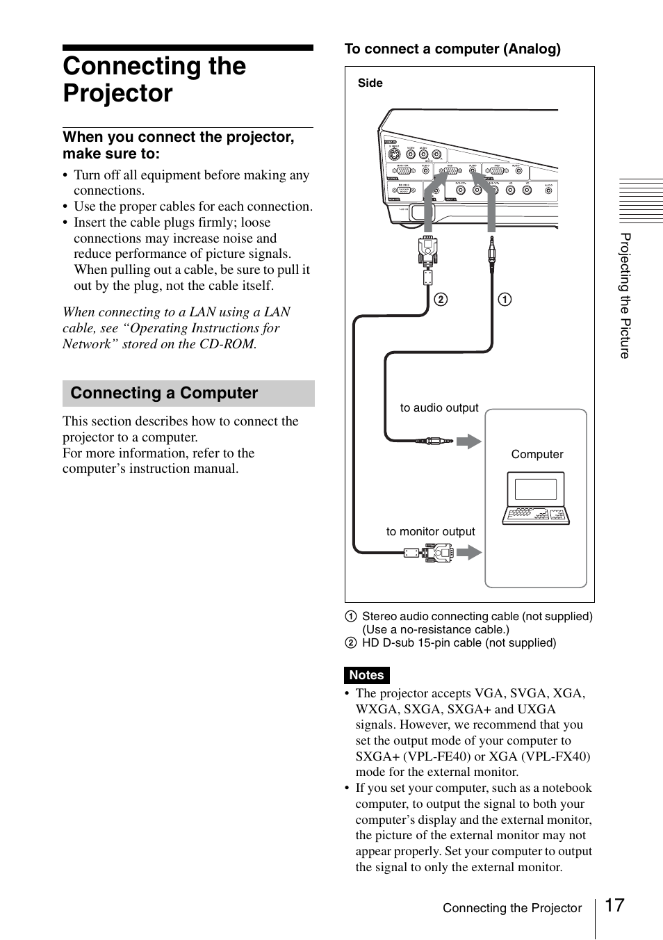 Connecting the projector, Connecting a computer | Sony FE40L User Manual | Page 17 / 57