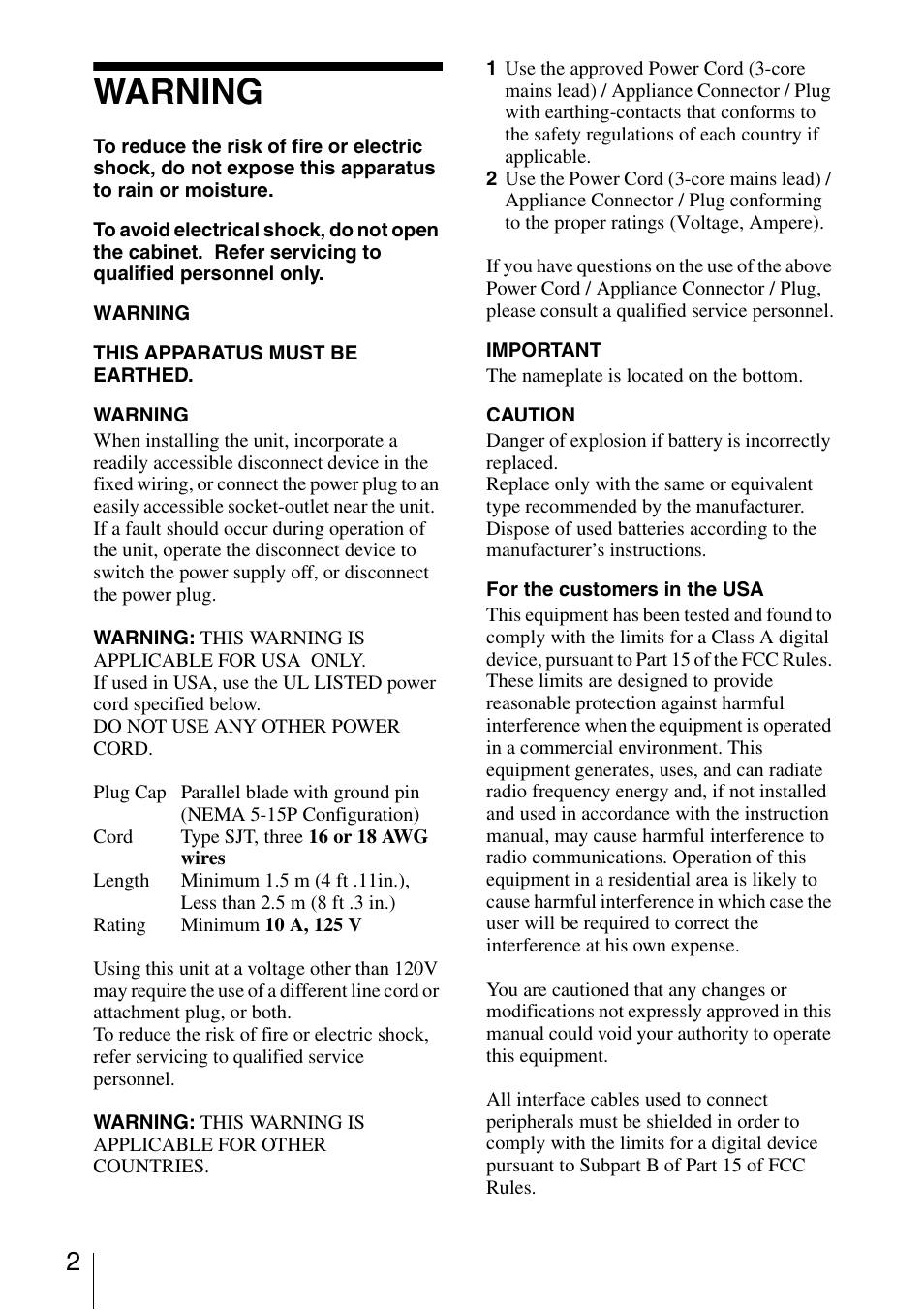 Warning | Sony FE40L User Manual | Page 2 / 57