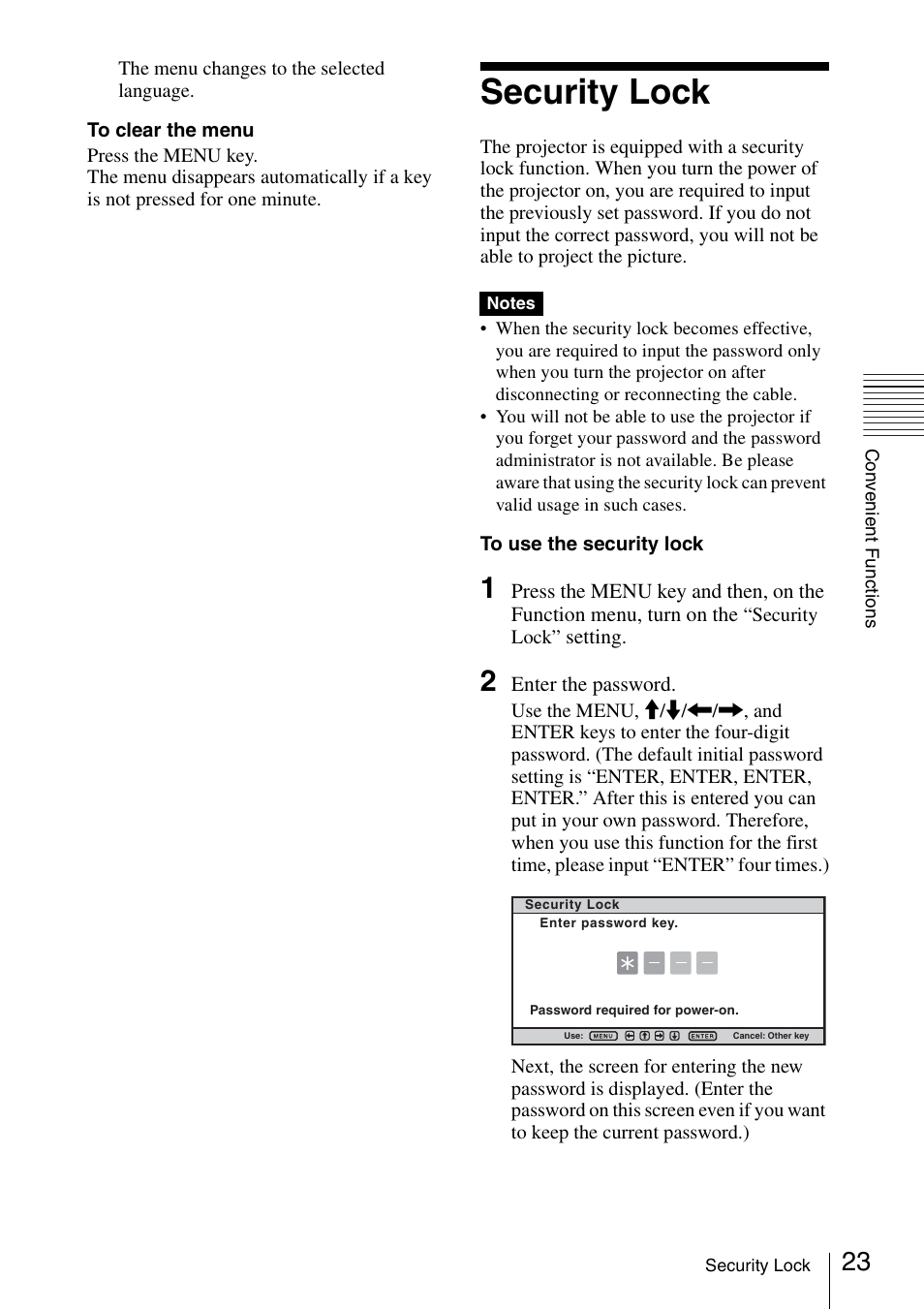 Security lock | Sony FE40L User Manual | Page 23 / 57