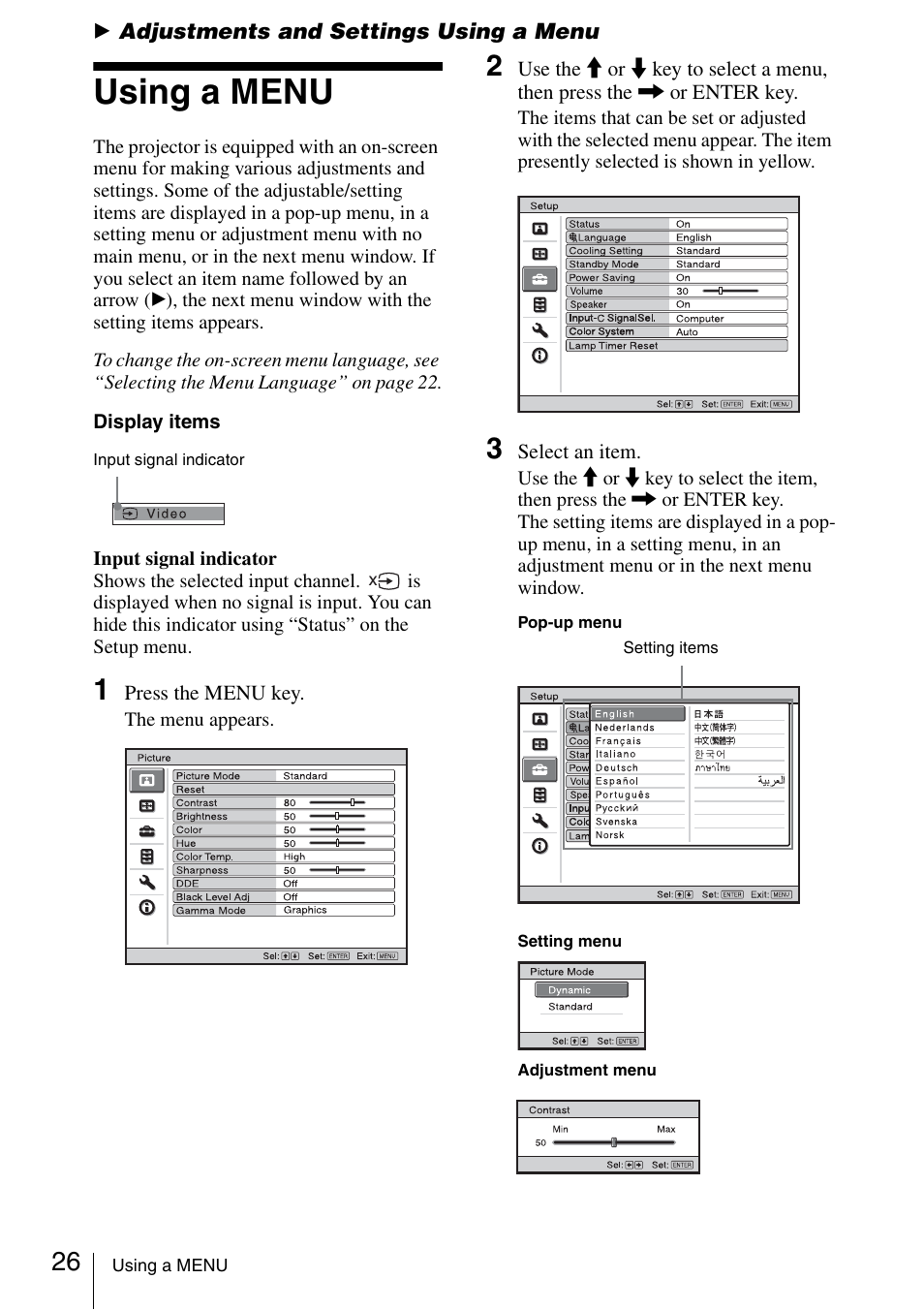 Adjustments and settings using a menu, Using a menu | Sony FE40L User Manual | Page 26 / 57