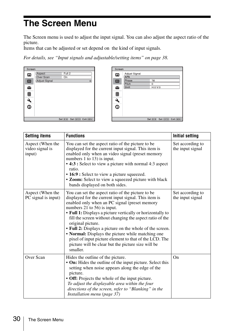 The screen menu | Sony FE40L User Manual | Page 30 / 57