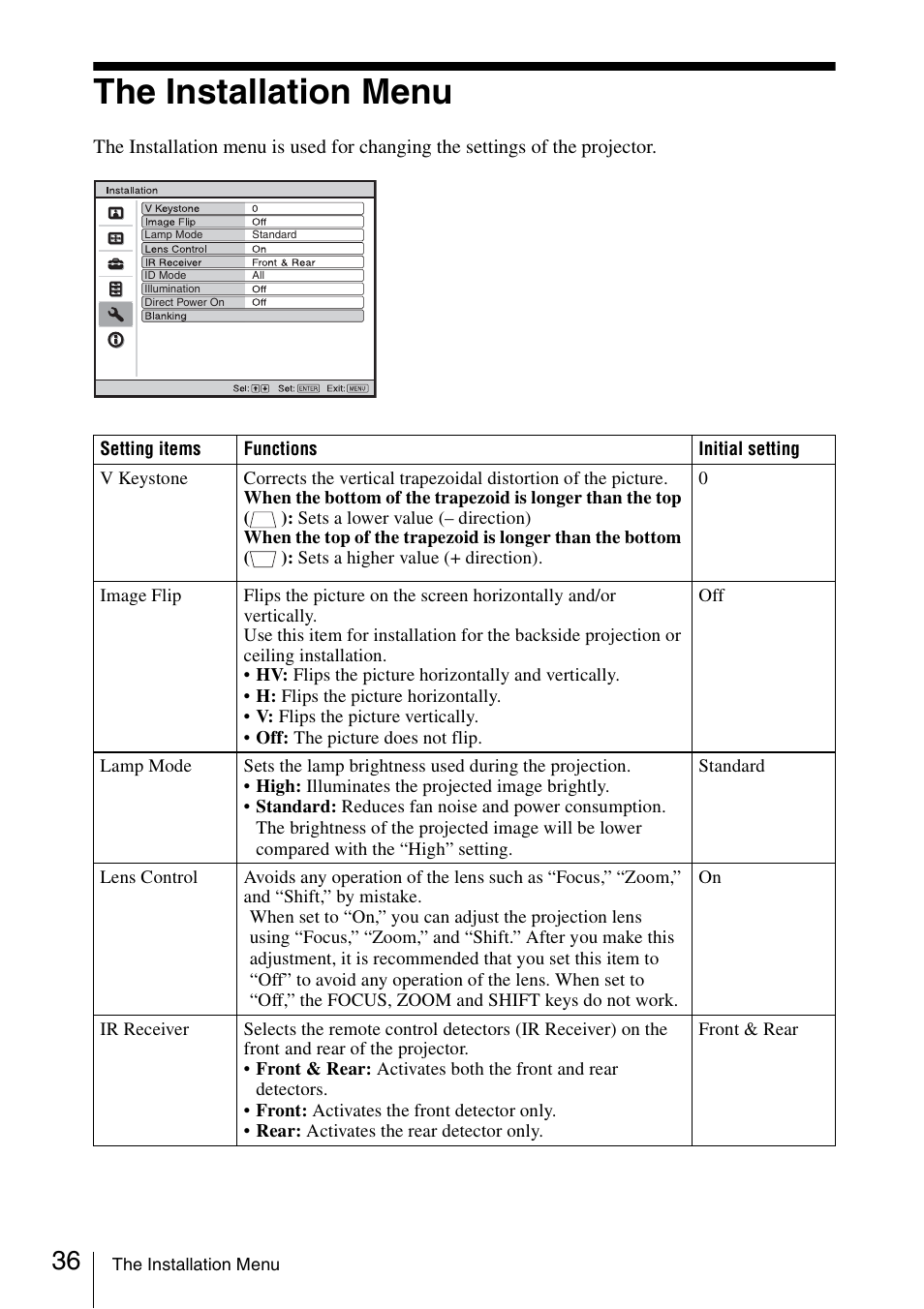 The installation menu | Sony FE40L User Manual | Page 36 / 57