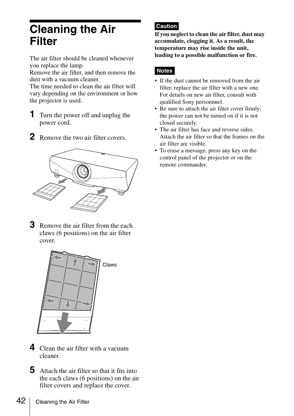 Cleaning the air filter | Sony FE40L User Manual | Page 42 / 57