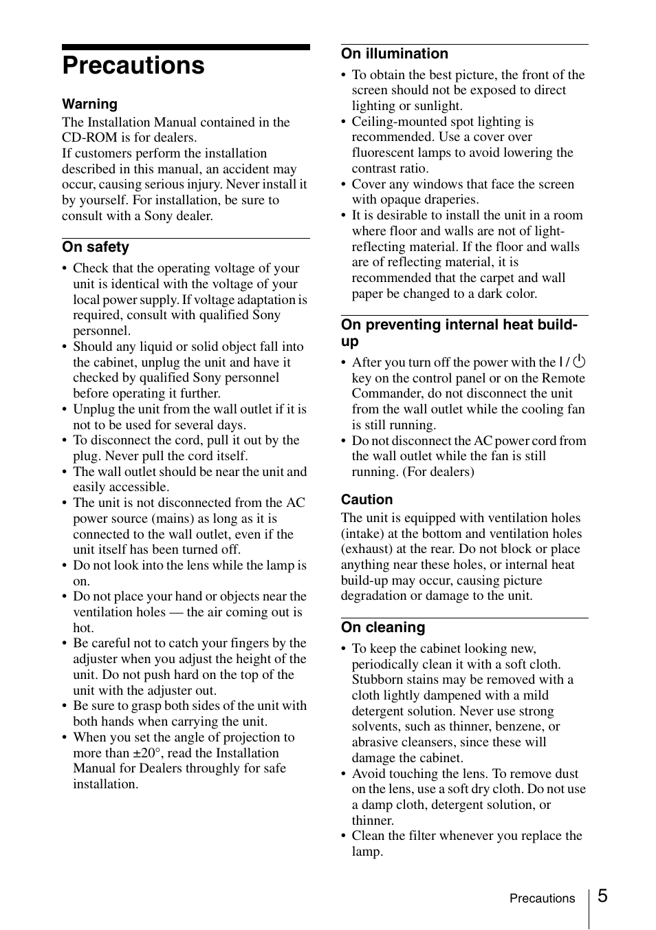 Precautions | Sony FE40L User Manual | Page 5 / 57