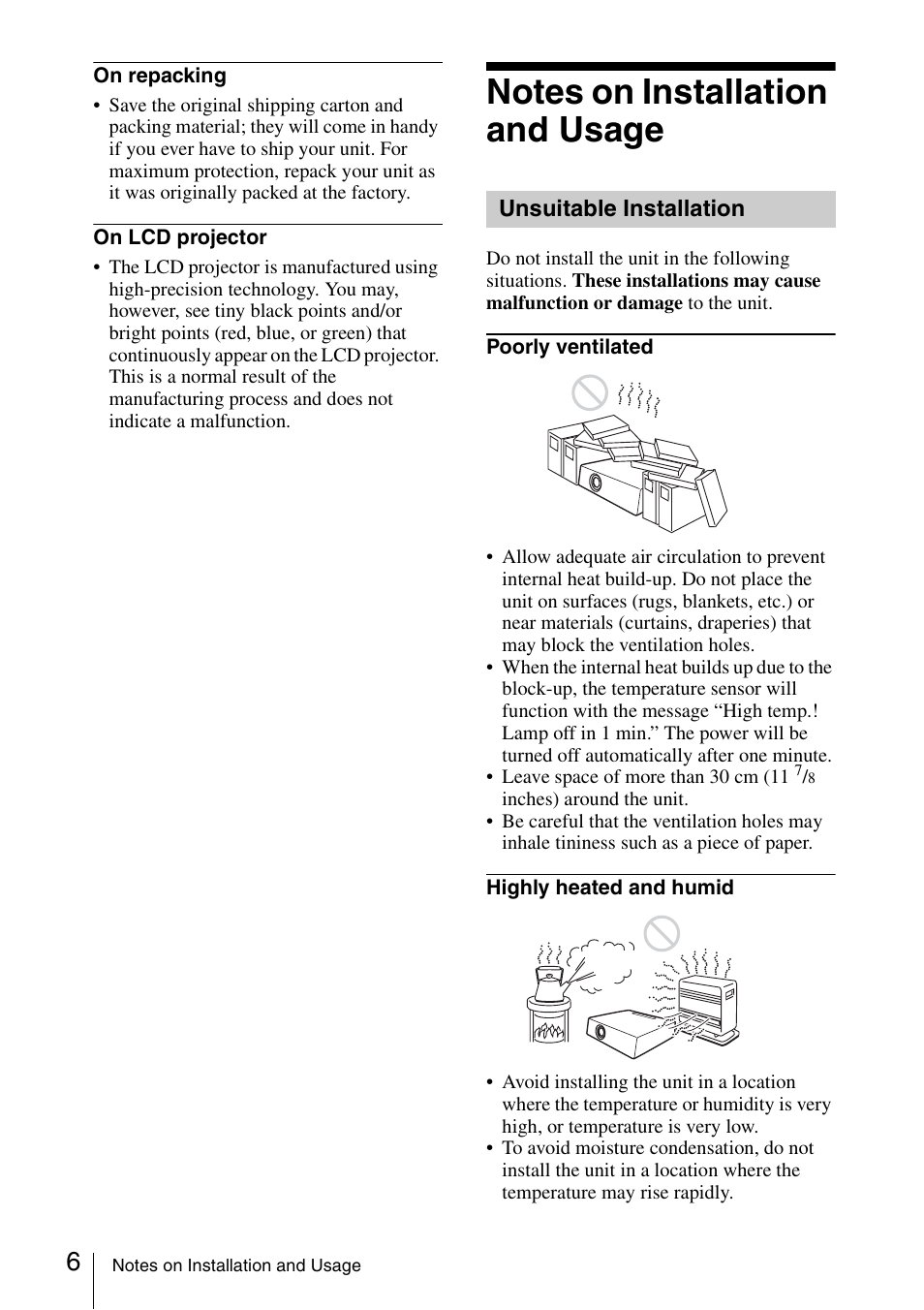 Notes on installation and usage, Unsuitable installation | Sony FE40L User Manual | Page 6 / 57