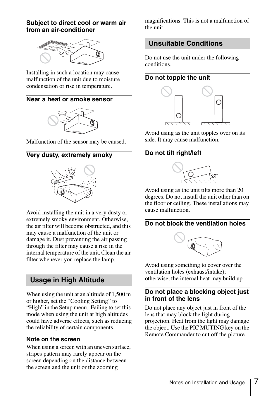 Usage in high altitude, Unsuitable conditions, Usage in high altitude unsuitable conditions | Sony FE40L User Manual | Page 7 / 57