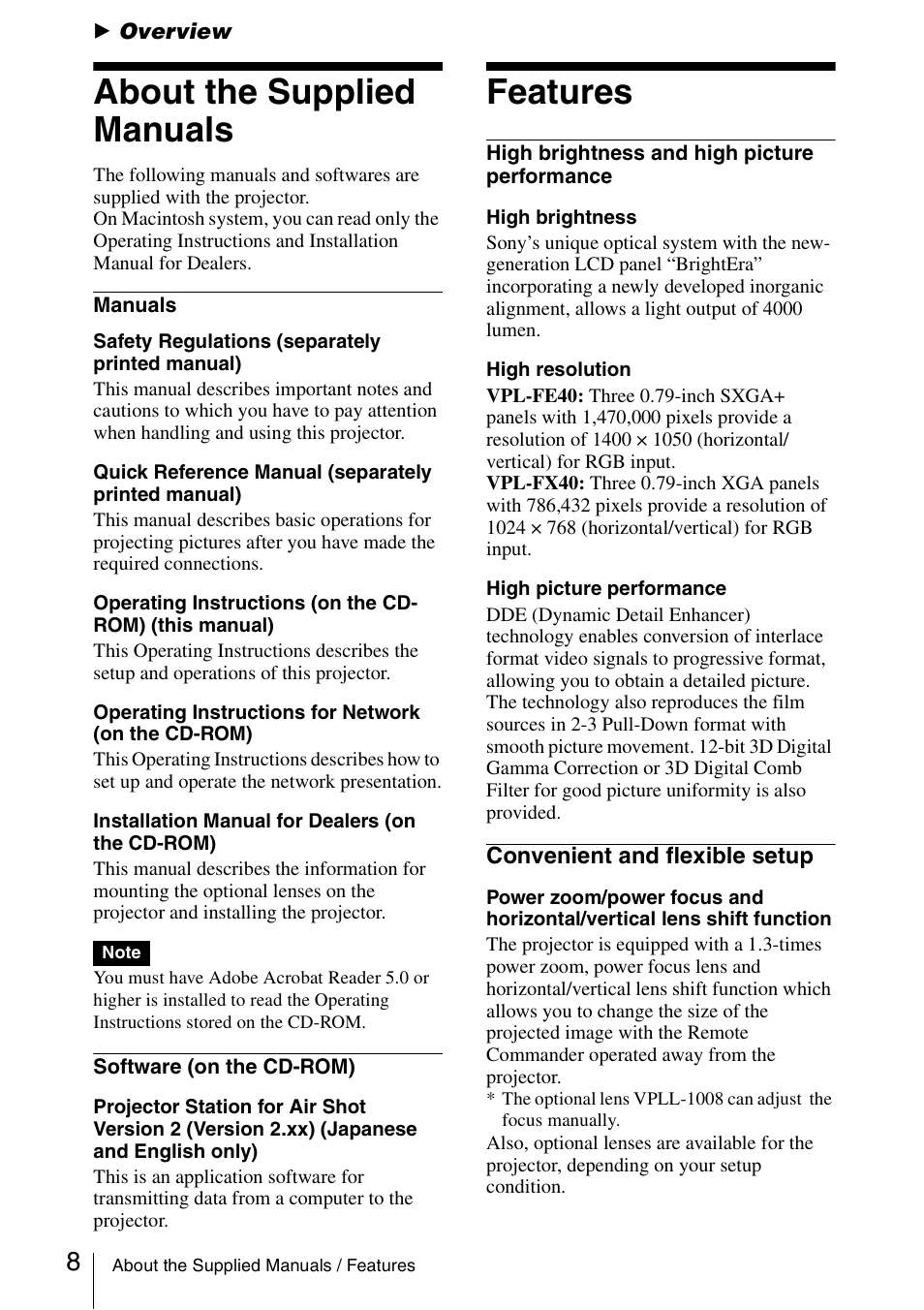 Overview, About the supplied manuals, Features | Sony FE40L User Manual | Page 8 / 57