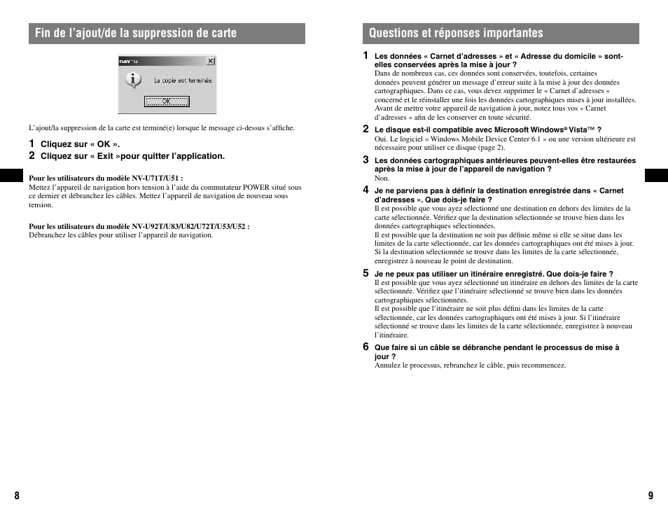 Fin de l’ajout/de la suppression de carte, Questions et réponses importantes | Sony NVD-U11E User Manual | Page 13 / 25