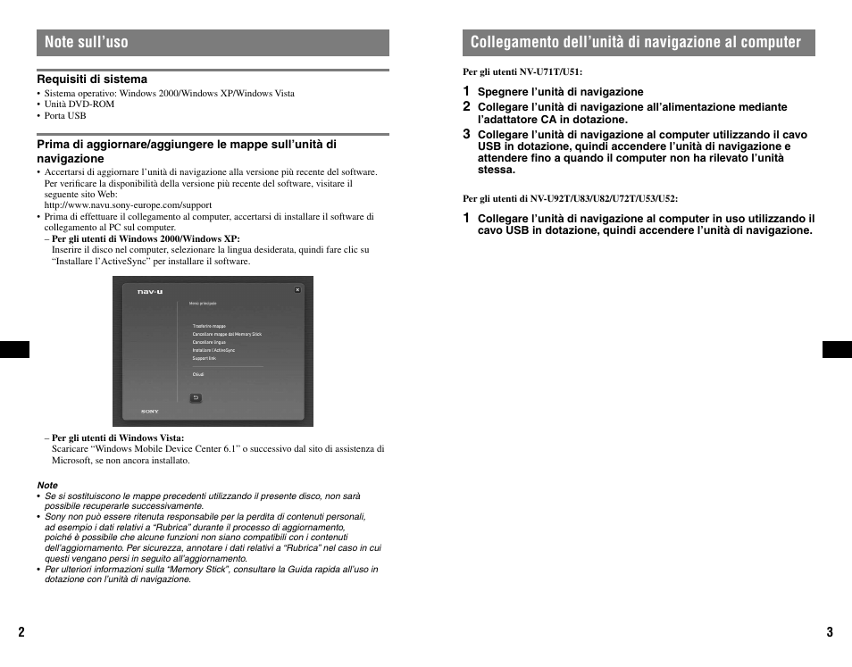 Note sull’uso, Collegamento dell’unità di navigazione al computer | Sony NVD-U11E User Manual | Page 18 / 25