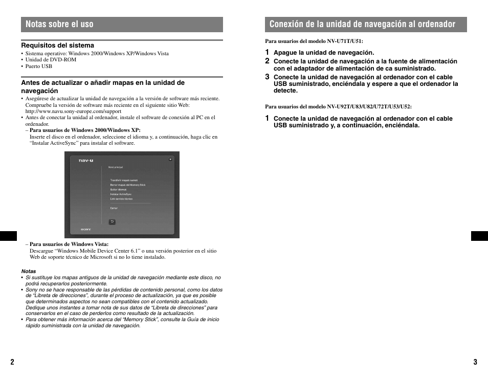 Notas sobre el uso, Conexión de la unidad de navegación al ordenador | Sony NVD-U11E User Manual | Page 22 / 25