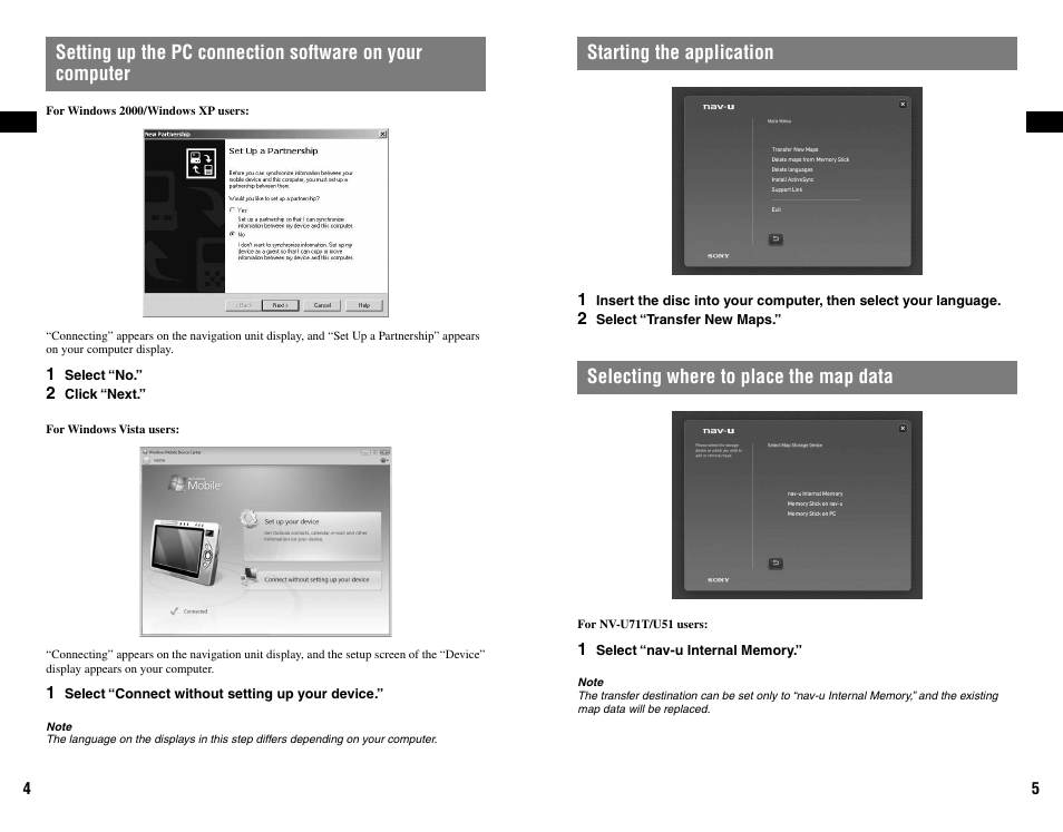 Starting the application, Selecting where to place the map data | Sony NVD-U11E User Manual | Page 3 / 25