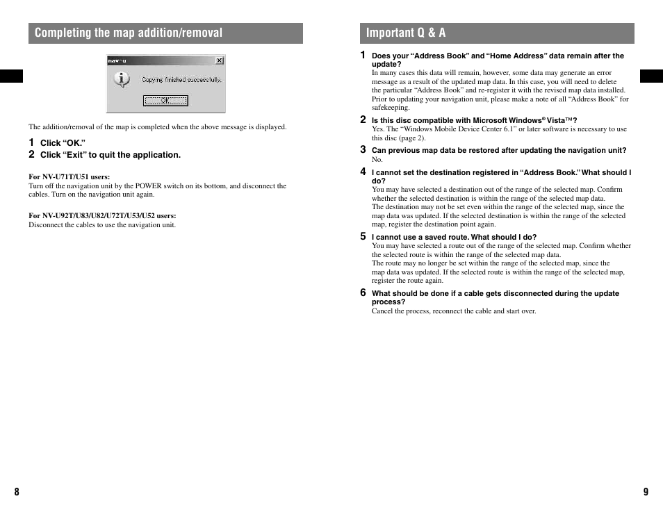 Completing the map addition/removal, Important q & a | Sony NVD-U11E User Manual | Page 5 / 25